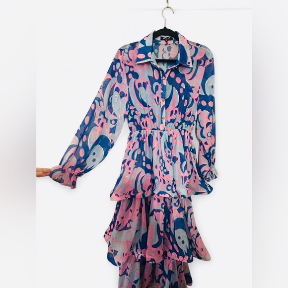 Retro Ripple Ruffle Summer Dress with pink and blue swirling abstract colors - Picture 4 of 11